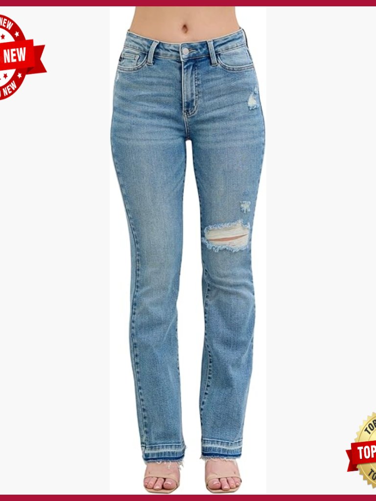 MidRise Bootcut Jeans With Distressed Hem Stretch Denim 32 Inseam